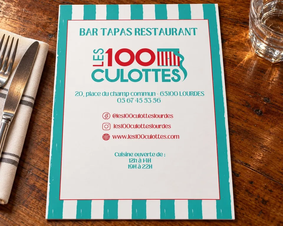 Carte des 100 Culottes, bar tapas restaurant à Lourdes : la couverture rayée turquoise