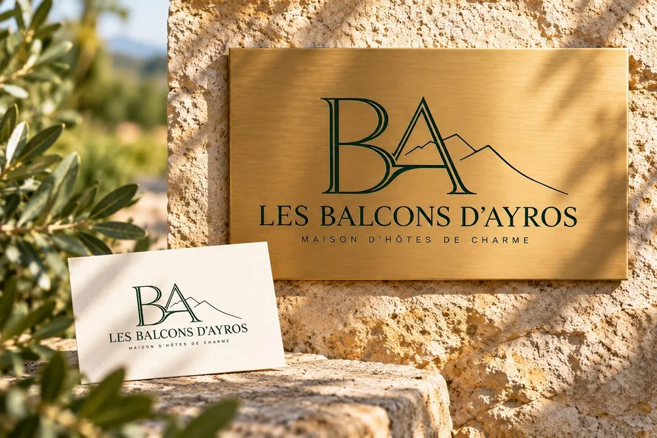 Identité Les Balcons d'Ayros, maison d'hôtes de charme : plaque dorée et carte de visite