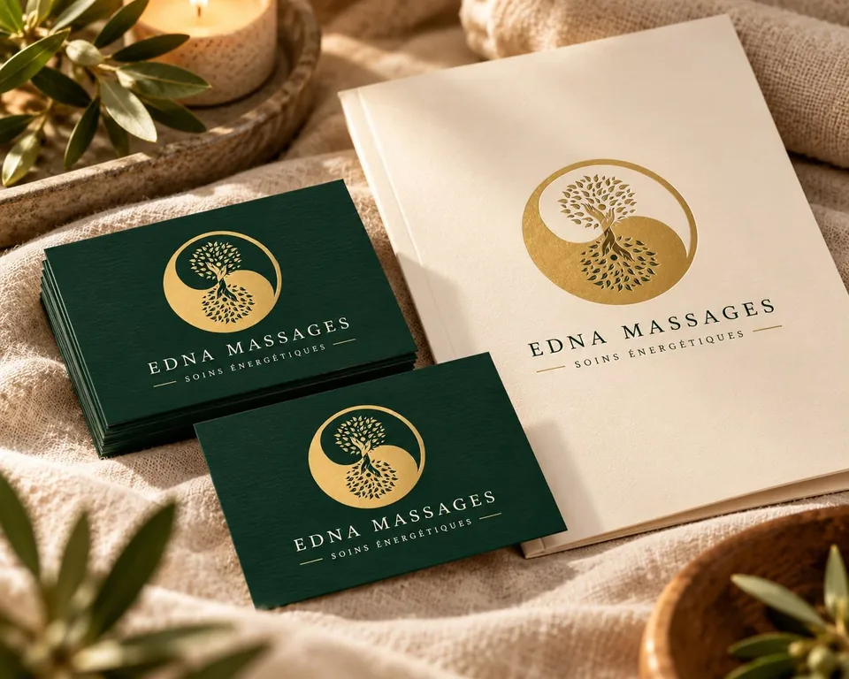 Identité Edna Massages : cartes de visite vertes et carnet ivoire au logo doré