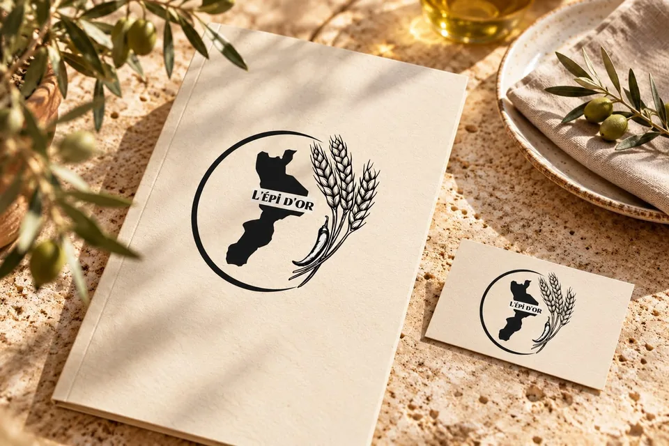 Identité L'Épi d'Or : carte et carte de visite au logo de la Corse et de l'épi de blé, sur une table dressée