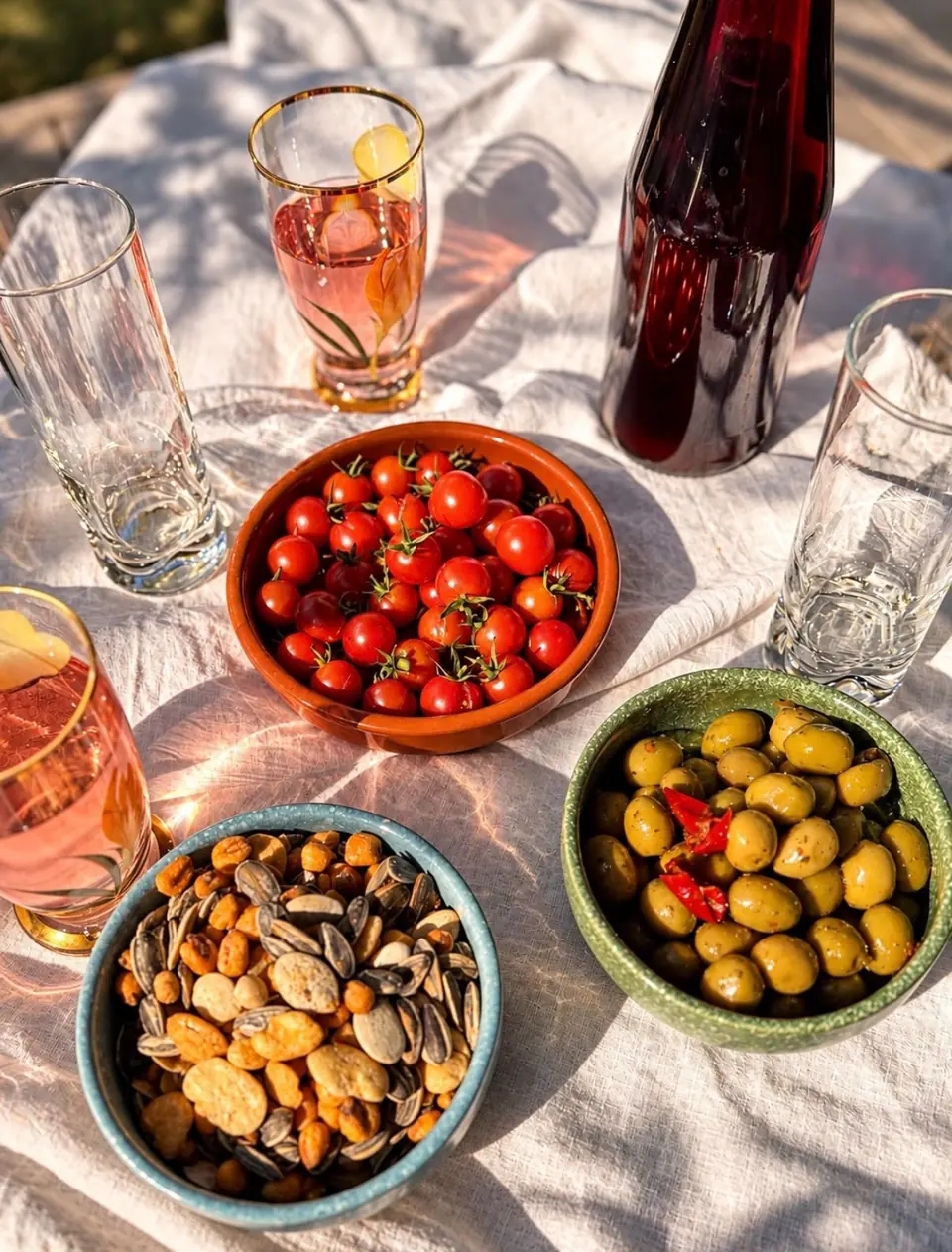 Apéritif en plein soleil : tomates cerises, olives, fruits secs et verres de rosé
